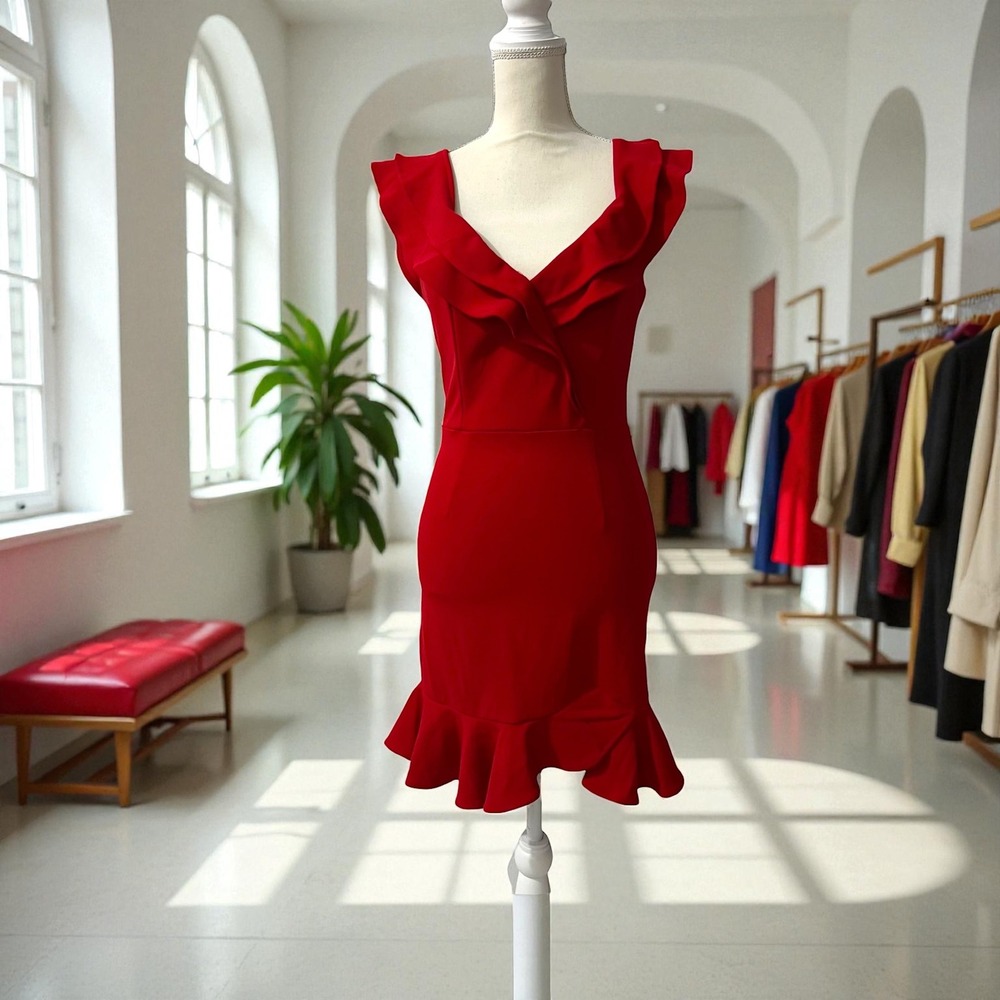 Angel Biba Red Holiday V Neck Ruffle Cocktail Party Dress Size M